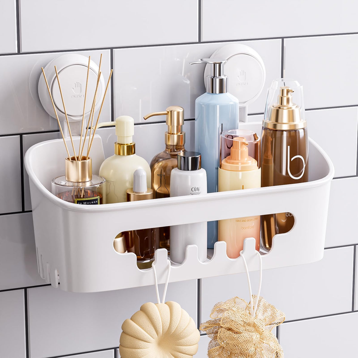 TAILI Shower Caddy installed on tile showing secure suction and organized storage.