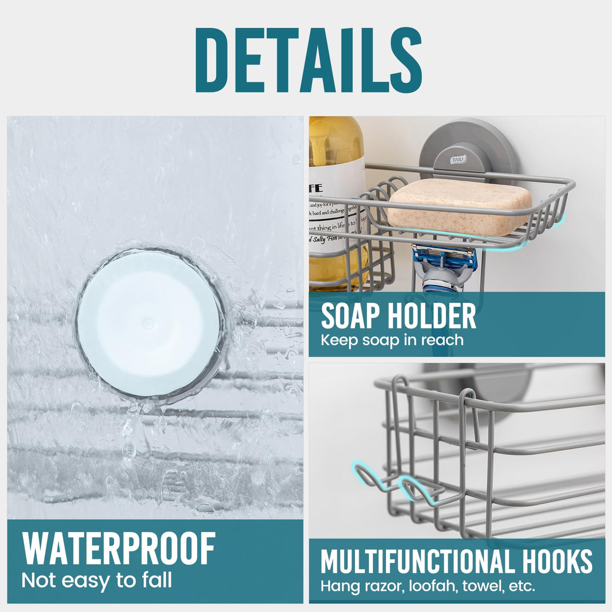 TAILI shower caddy with 2 razor hooks keeps tools organized