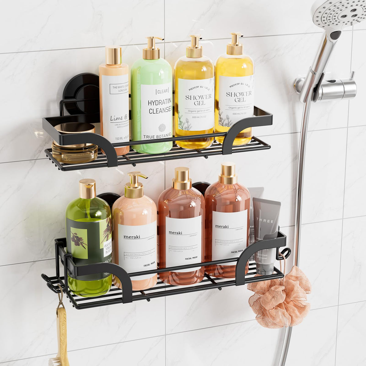 TAILI shower caddy with suction cups, front view, two shelves for bathroom storage