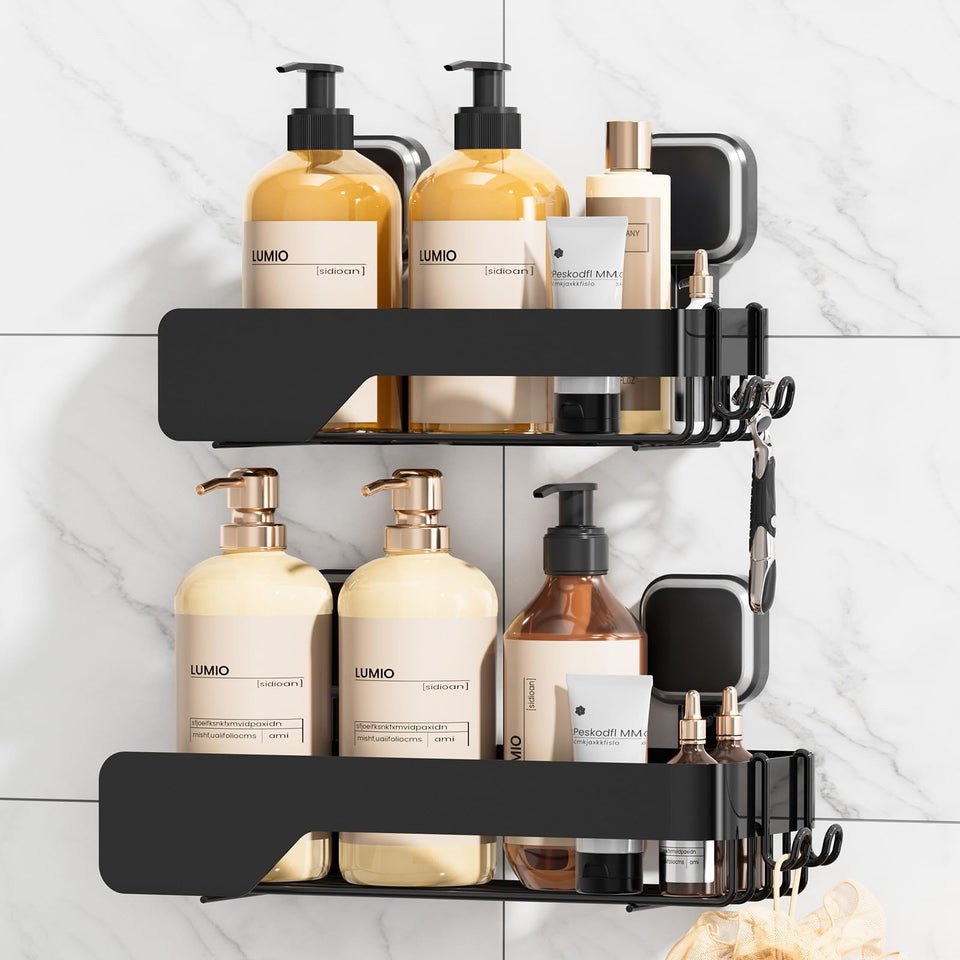 TAILI shower caddy with suction cups 2-pack mounted on smooth wall for clutter-free storage.
