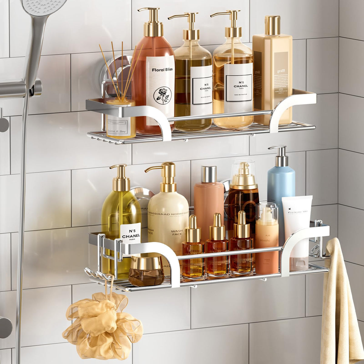 TAILI shower caddy suction cups on glass keep bath products organized with no drilling.