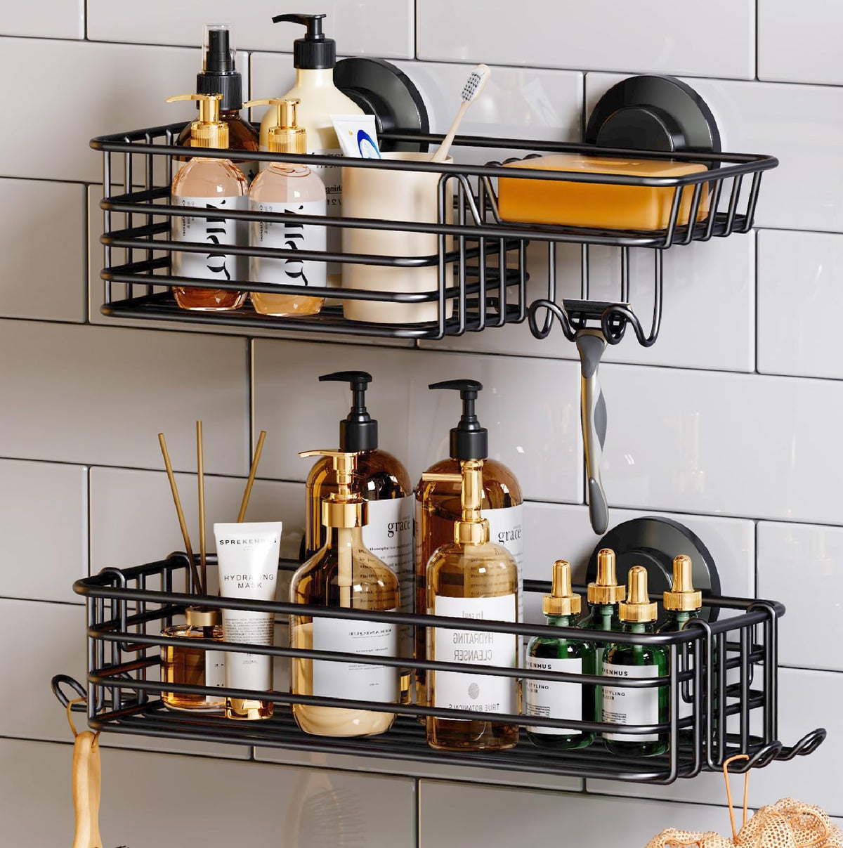 TAILI shower caddy two-pack with strong suction for organized bathroom storage