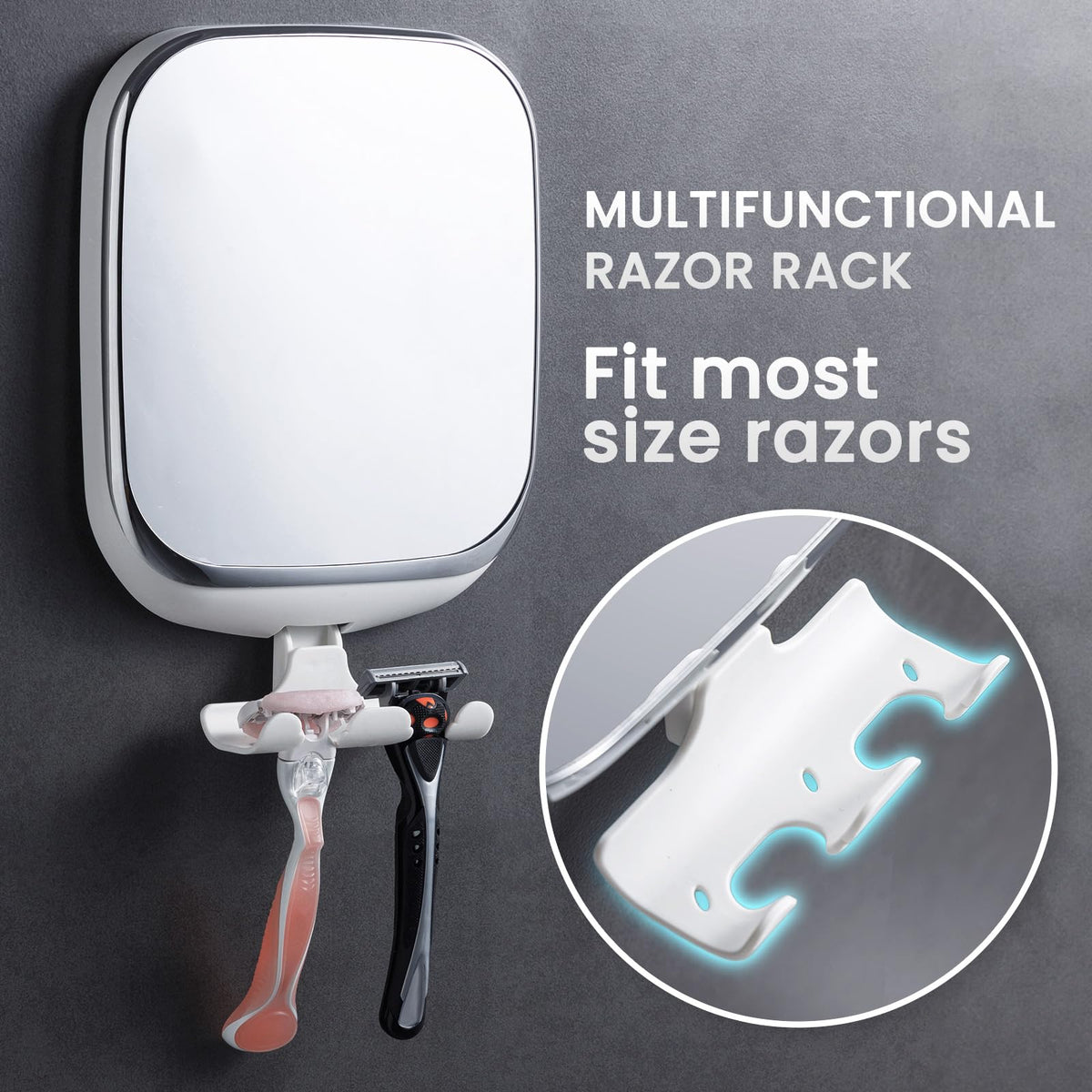 TAILI shower mirror razor holder detail showing built-in storage.