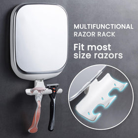 TAILI shower mirror razor holder detail showing built-in storage.
