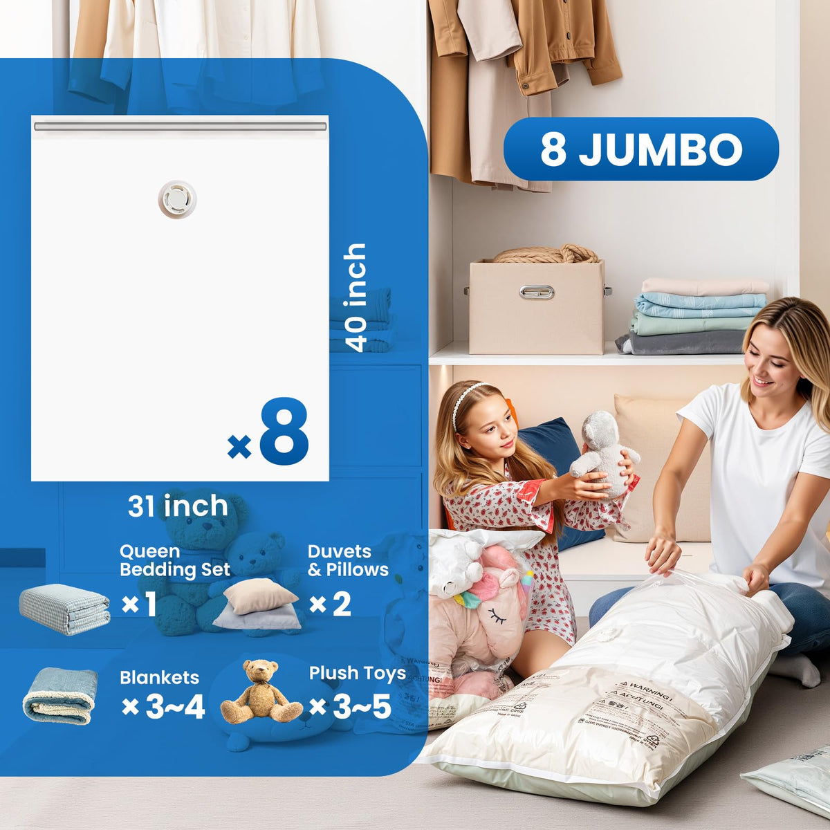 TAILI space-saving bedding bag demonstrates dramatic closet slimming.