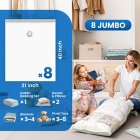 TAILI space-saving bedding bag demonstrates dramatic closet slimming.