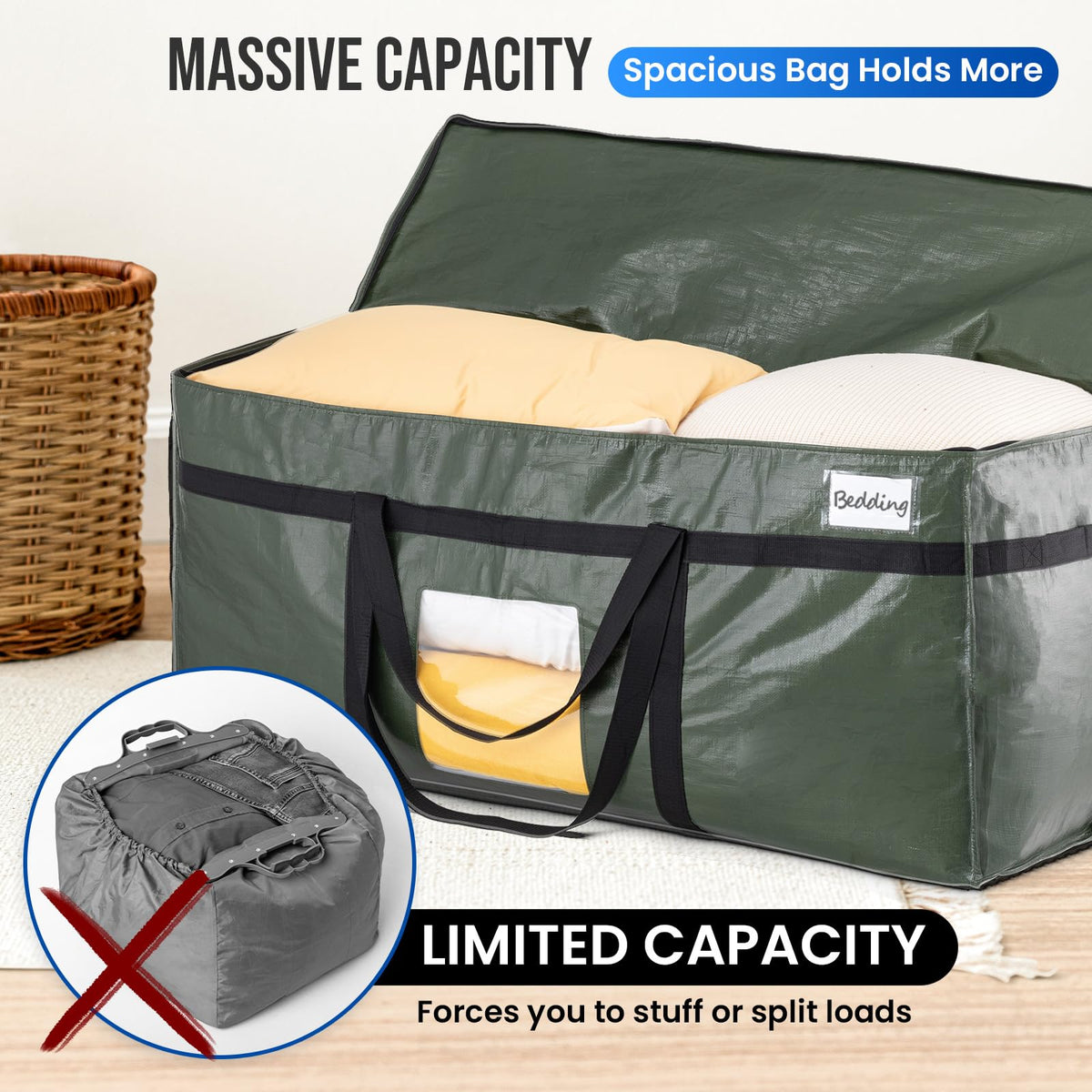 TAILI green storage bag designed to save space and organize bulk items.