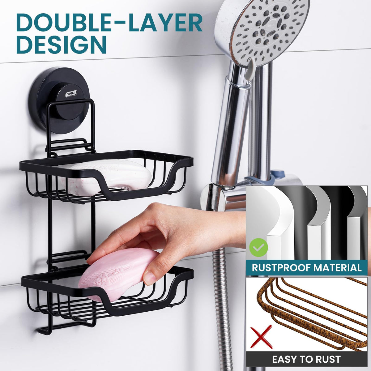 TAILI soap holder with suction cup attachment adheres firmly to smooth surfaces