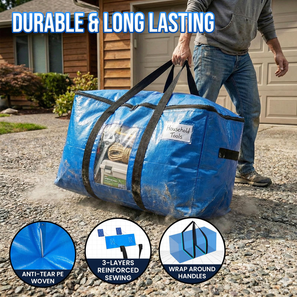 TAILI wrap-around handles on blue totes simplify lifting and carrying