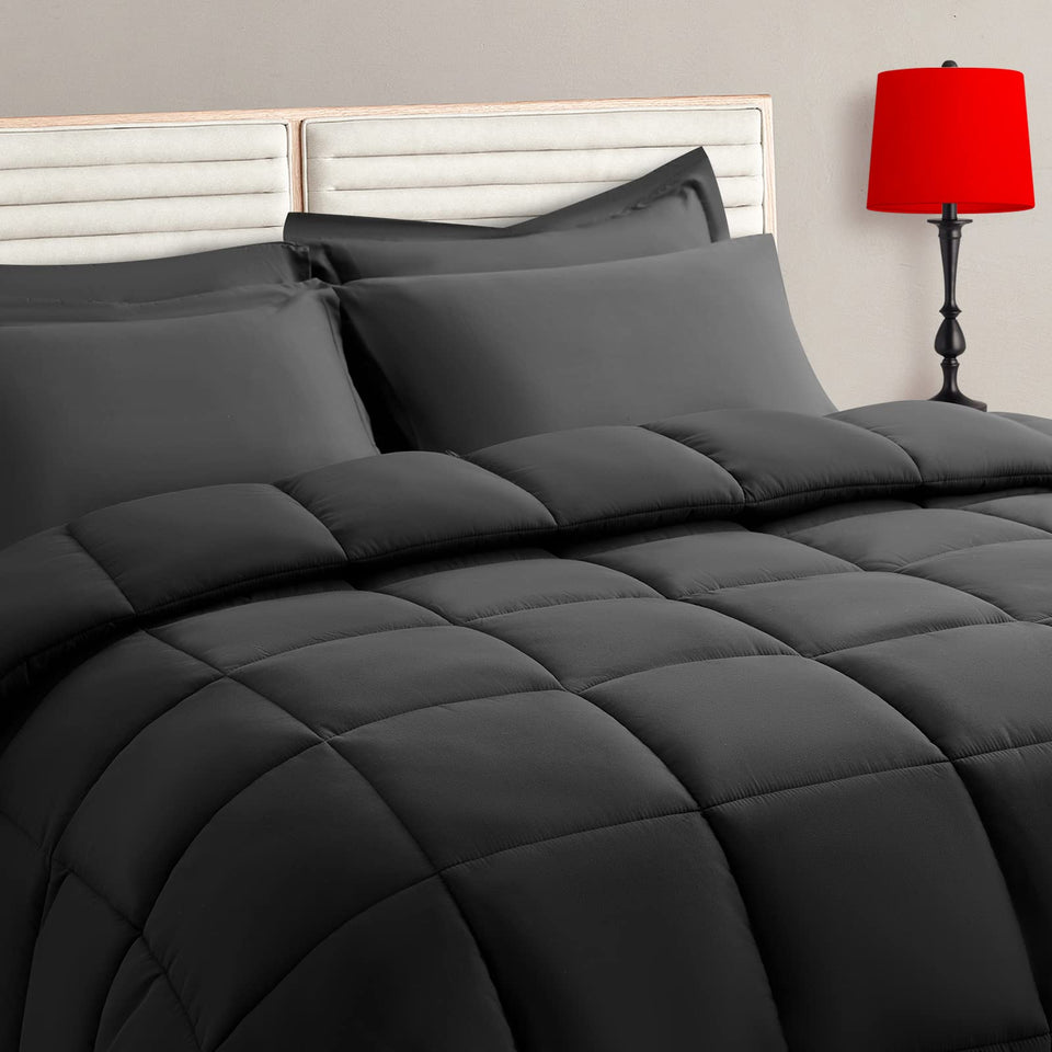 TAIMIT full-size comforter set in dark grey, plush and versatile for year-round comfort.