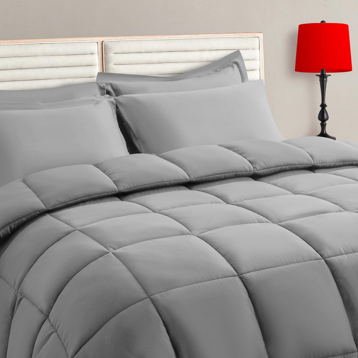 TAIMIT grey full-size comforter set front view highlighting plush, all-season warmth