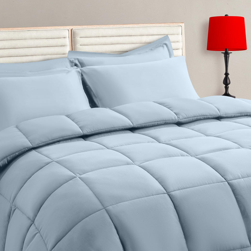 TAIMIT light blue twin 5pc comforter set shown for all-season warmth