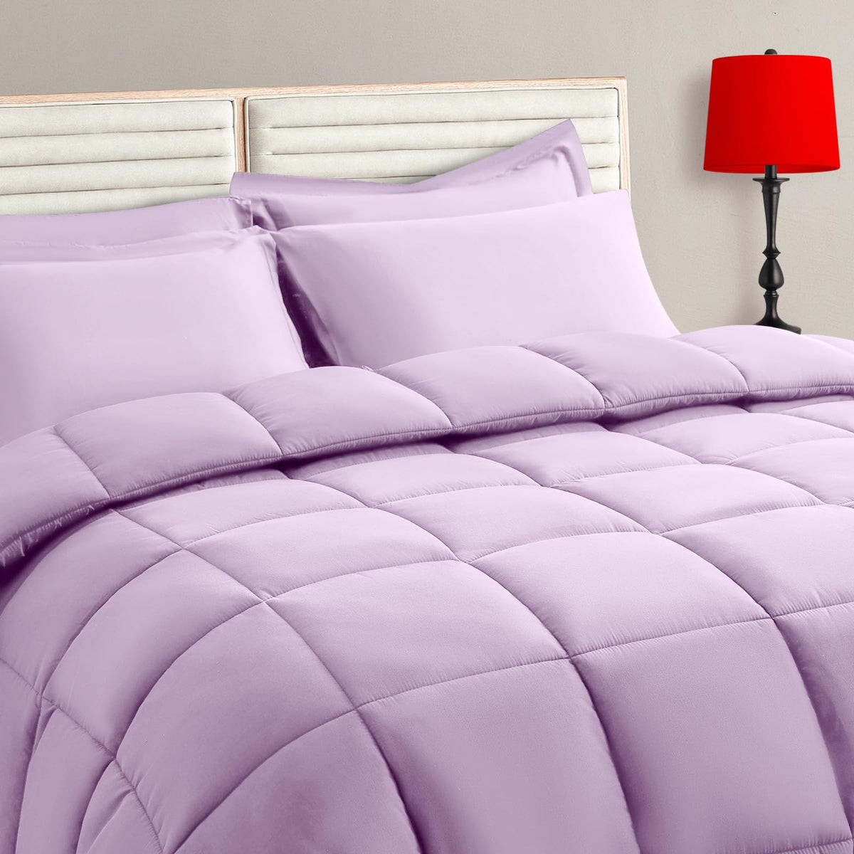 TAIMIT light purple twin size comforter set on bed, cozy all-season appearance.