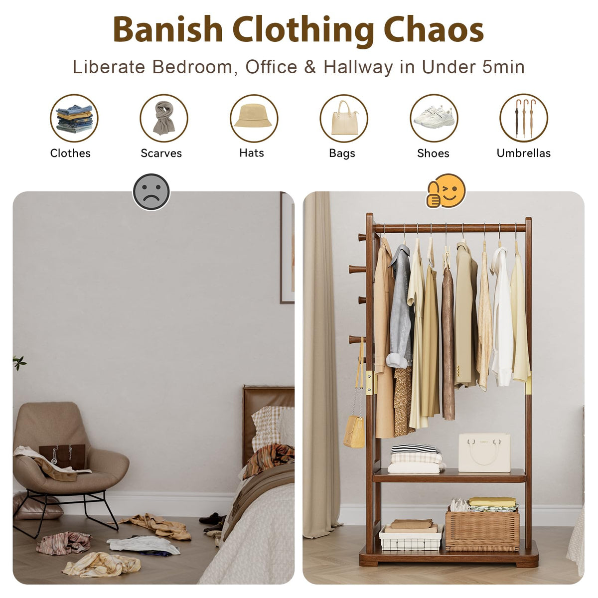 Rounded hooks on Taitiy coat rack prevent fabric damage