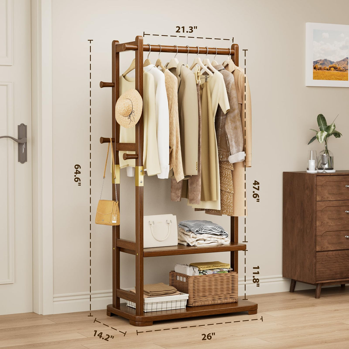Taitiy coat rack featuring two shelves for hats and bags