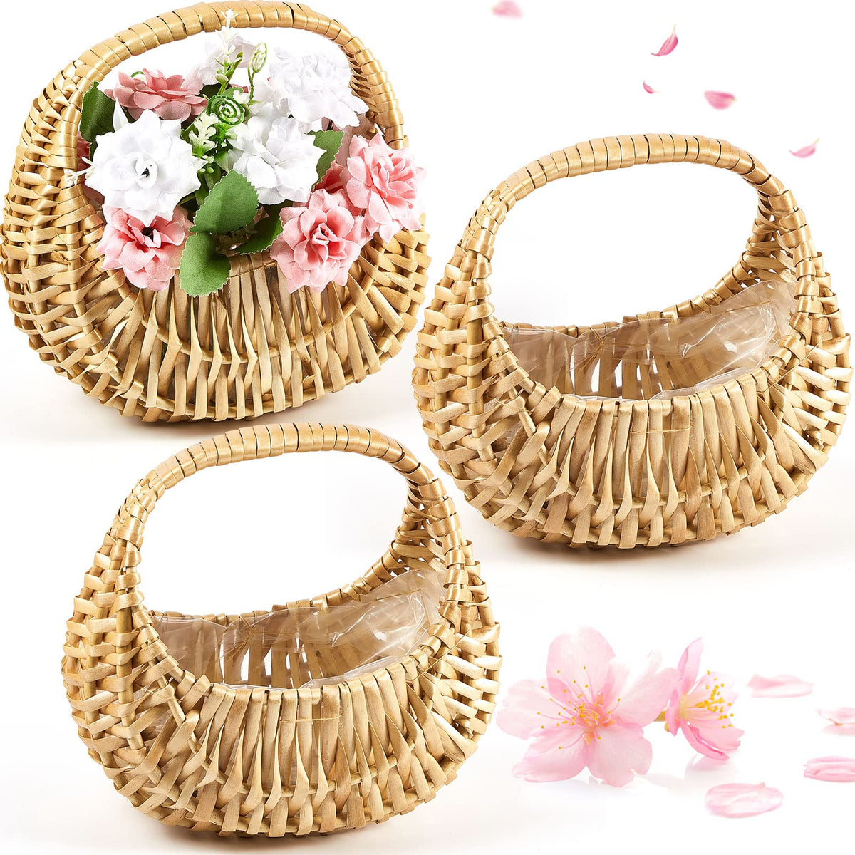 Taiyin three-pack rattan baskets with half-moon handles, ideal for wedding decor and gift display.