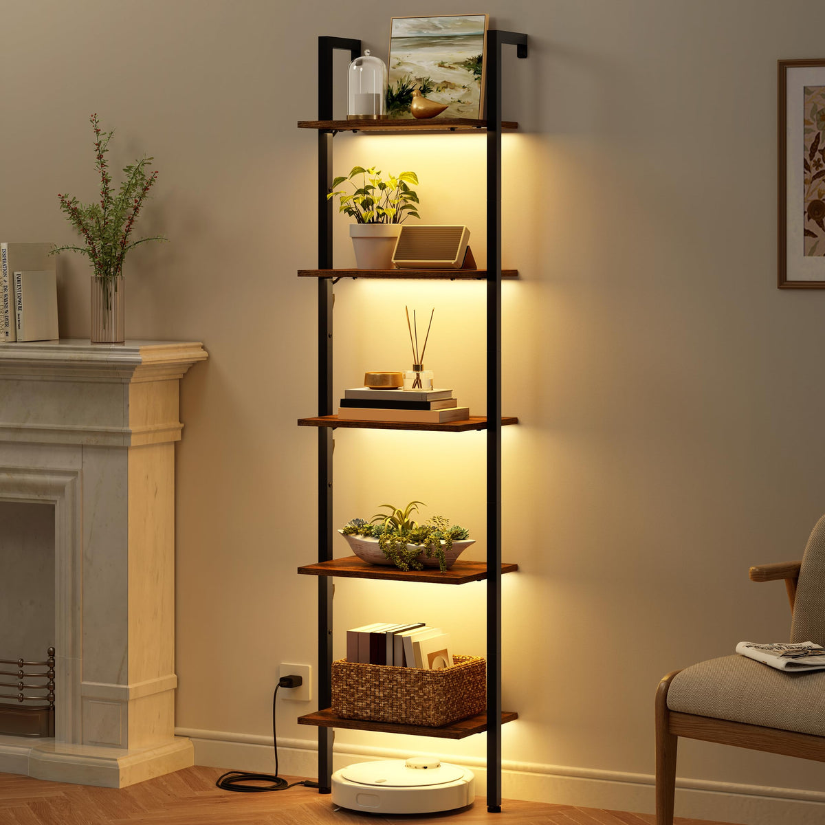 Tajsoon 5-tier ladder shelf with LED light during assembly for clear setup