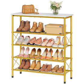 Tajsoon 5-tier shoe rack in white and gold, organized and stylish entryway storage.