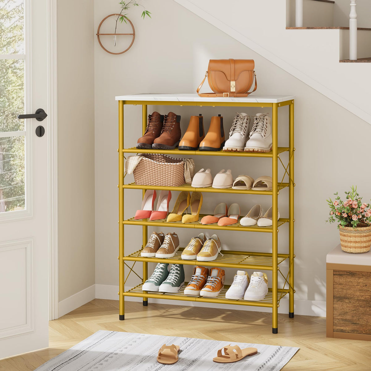 Tajsoon 6-tier shoe rack side view highlighting sturdy X-frame stability