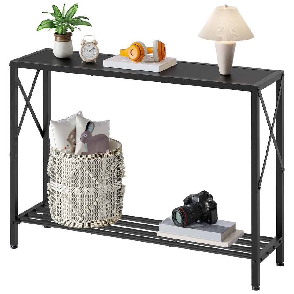 Tajsoon console table front view with sleek black finish, ideal for hallway storage.