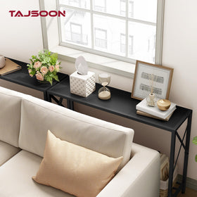 Tajsoon console table side view showing two-tier shelves for organized decor.