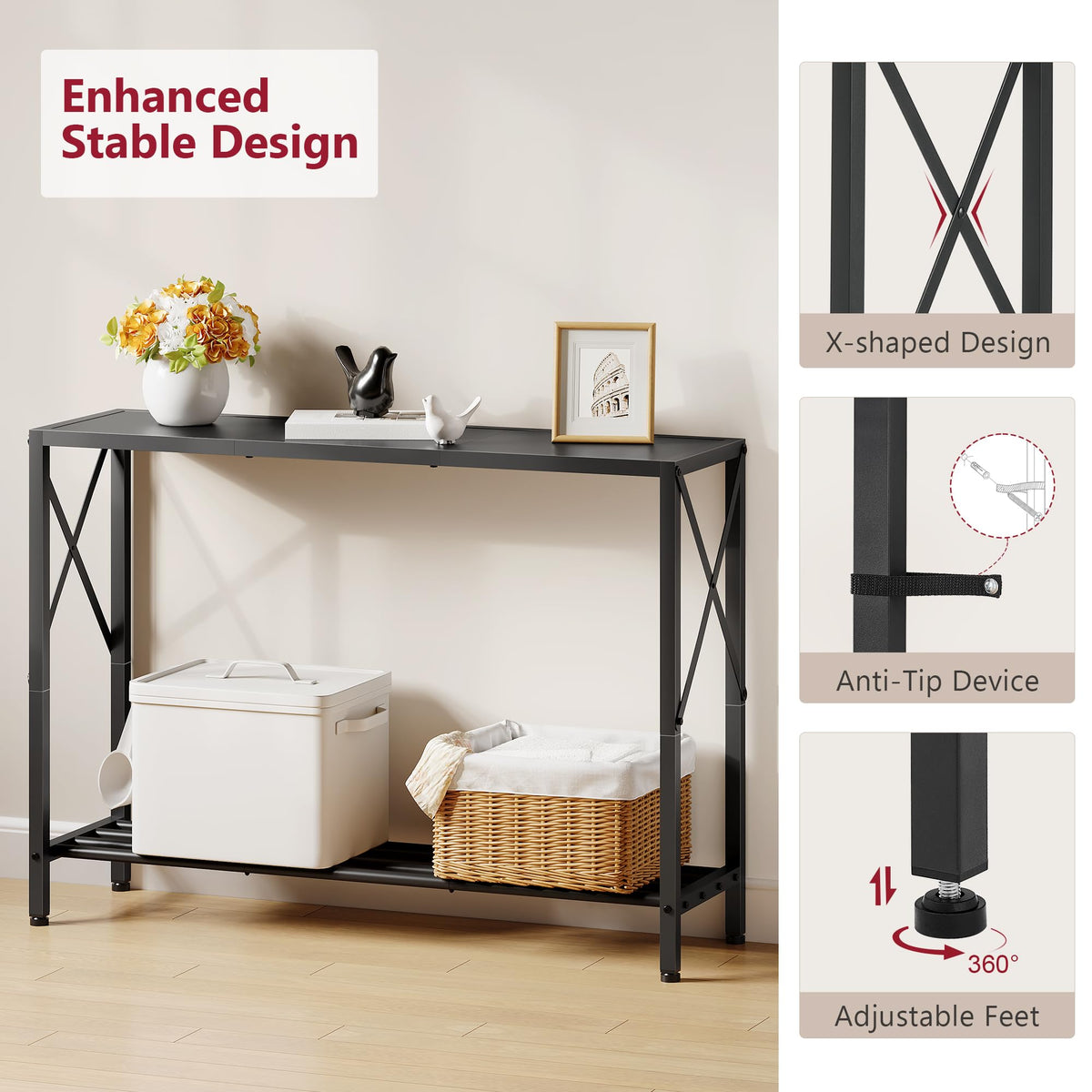 Tajsoon console table adjustable feet prevent wobble and floor scratches.