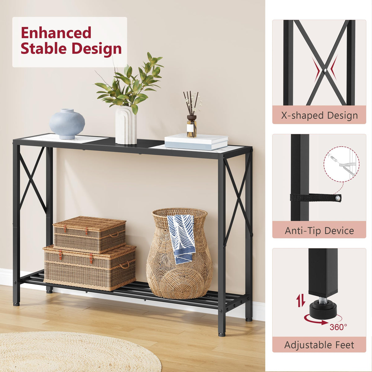 Tajsoon console table adjustable feet prevent wobble and floor scratches