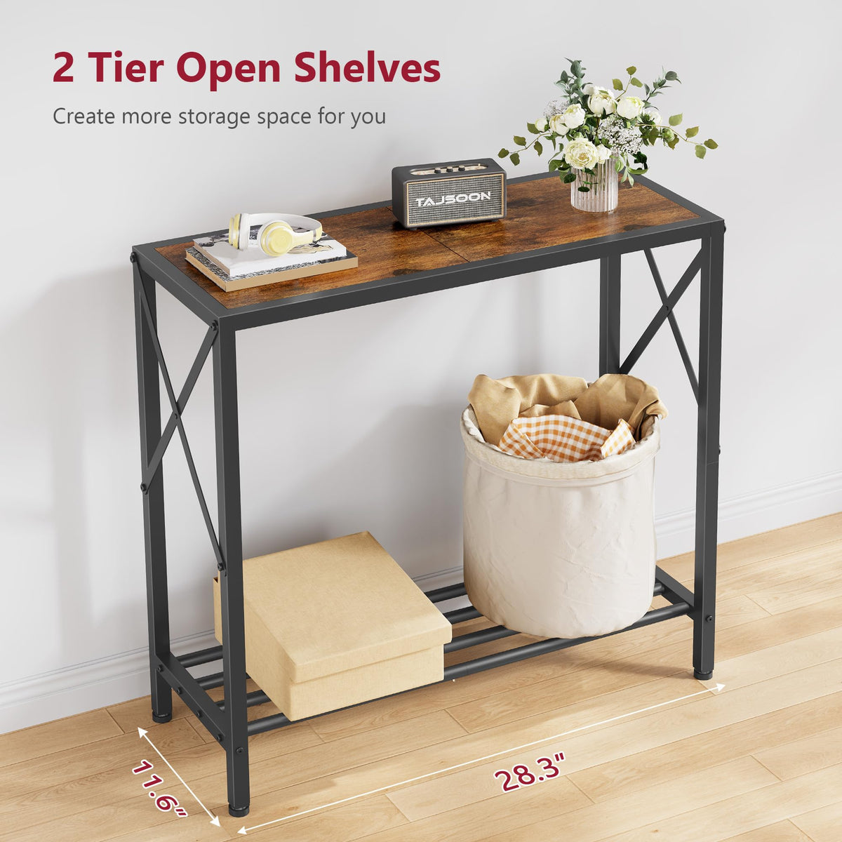 Tajsoon console table decorative ideas with plants and candles.