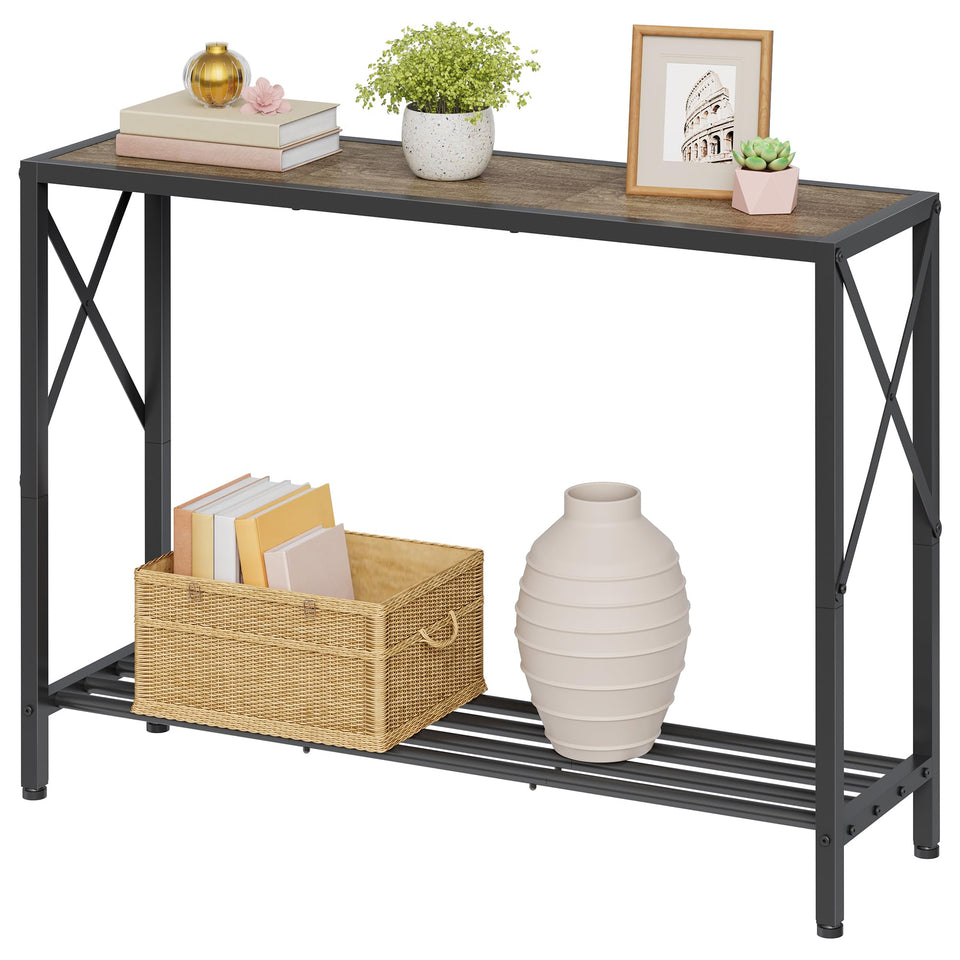 Tajsoon console table front view highlights slim profile for narrow entryways.