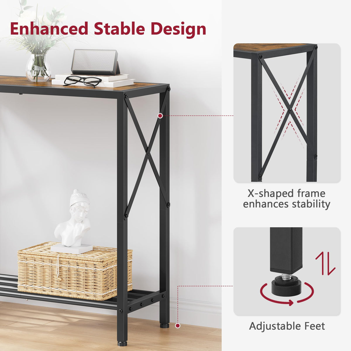 Tajsoon console table metal frame detail demonstrates sturdy construction.