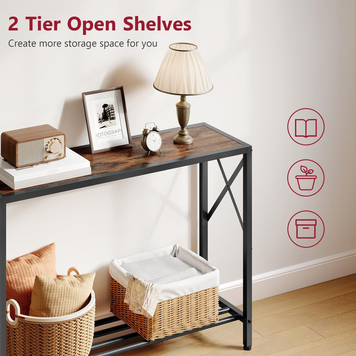 Tajsoon console table two-tier shelves maximize display and storage.