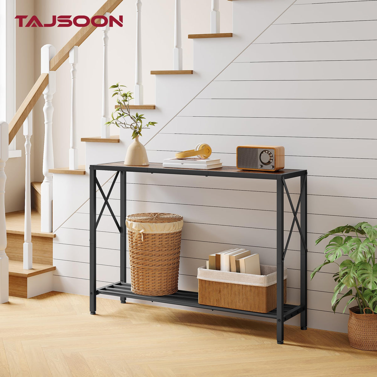 Tajsoon entry table with storage keeps keys and essentials organized.