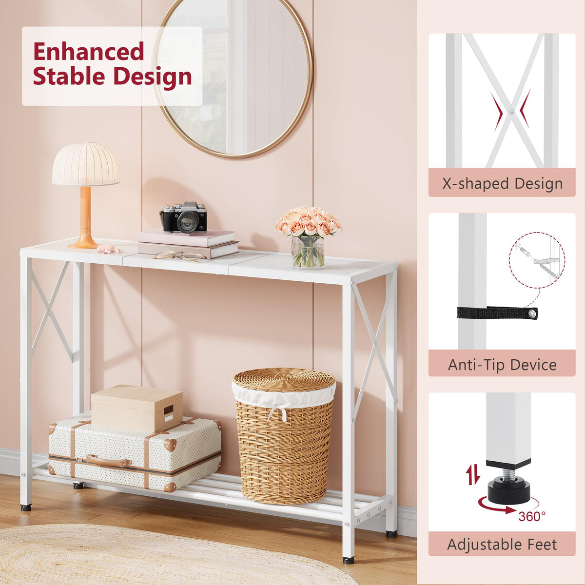 Tajsoon entryway table with adjustable feet protects floors and stays steady