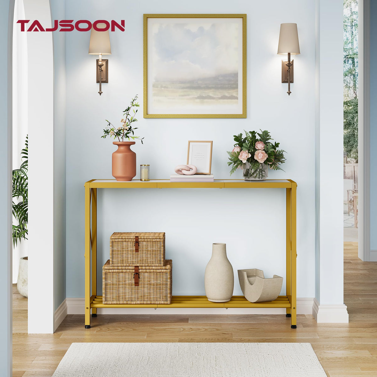 Tajsoon entryway table side view highlighting slim profile