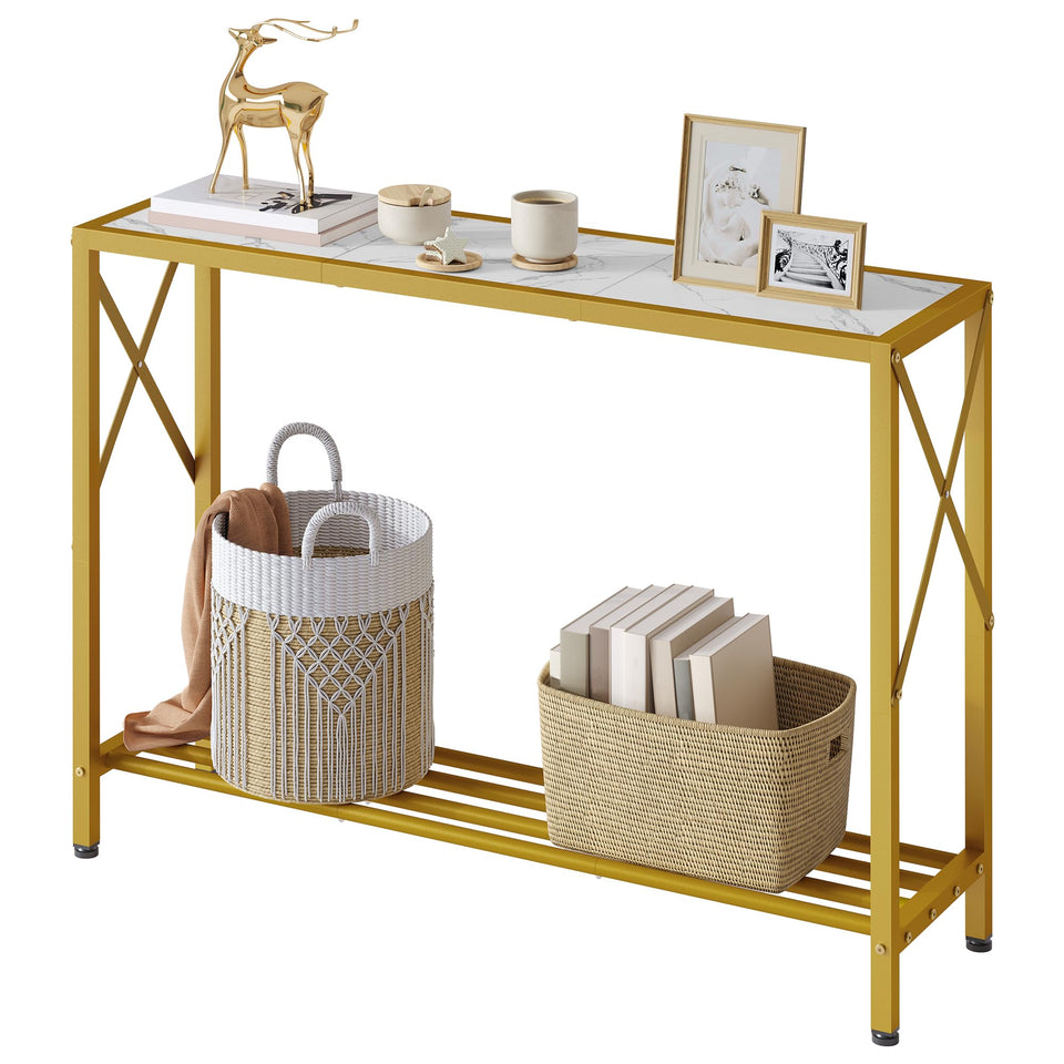 Tajsoon entryway table top view in gold and white with imitation marble finish