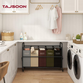 Tajsoon laundry sorter with rolling wheels and handle for easy mobility.