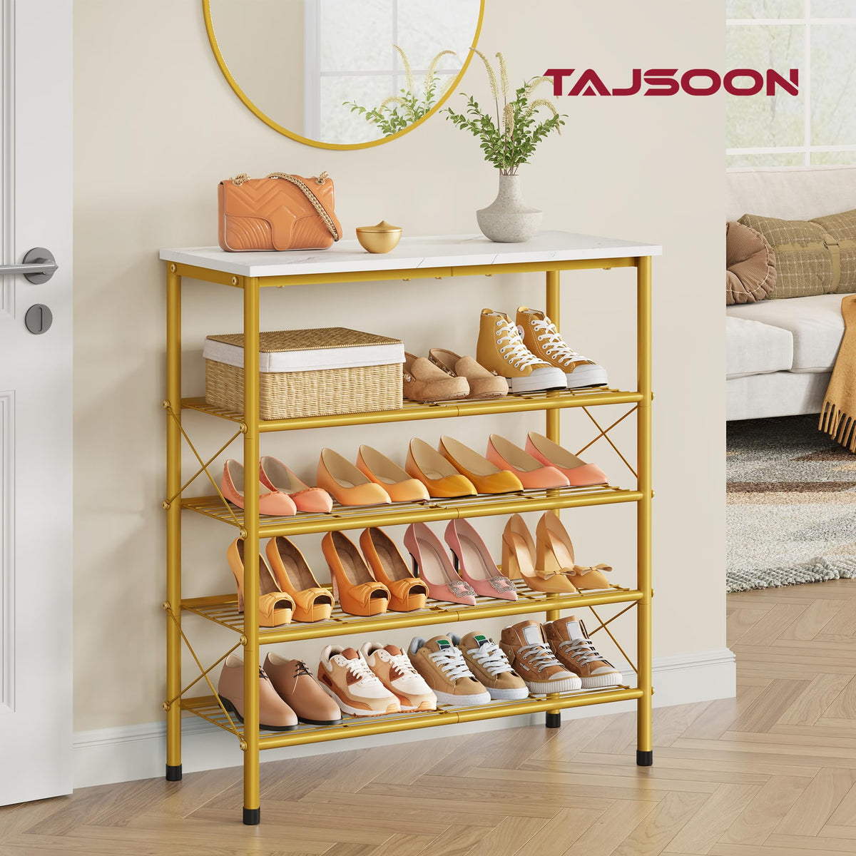 Tajsoon metal mesh shelves provide durable, breathable storage for shoes.