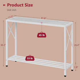 Tajsoon narrow hallway table behind couch for subtle storage and display
