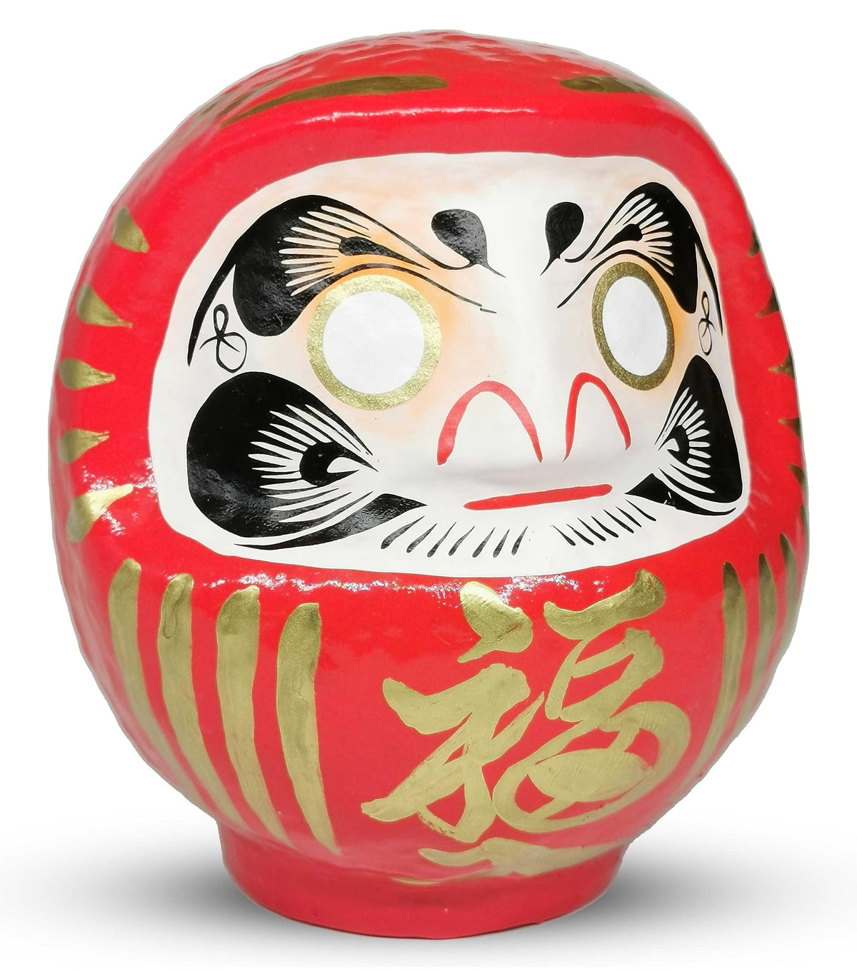 Takasaki Daruma red doll, front view, a traditional good luck symbol.