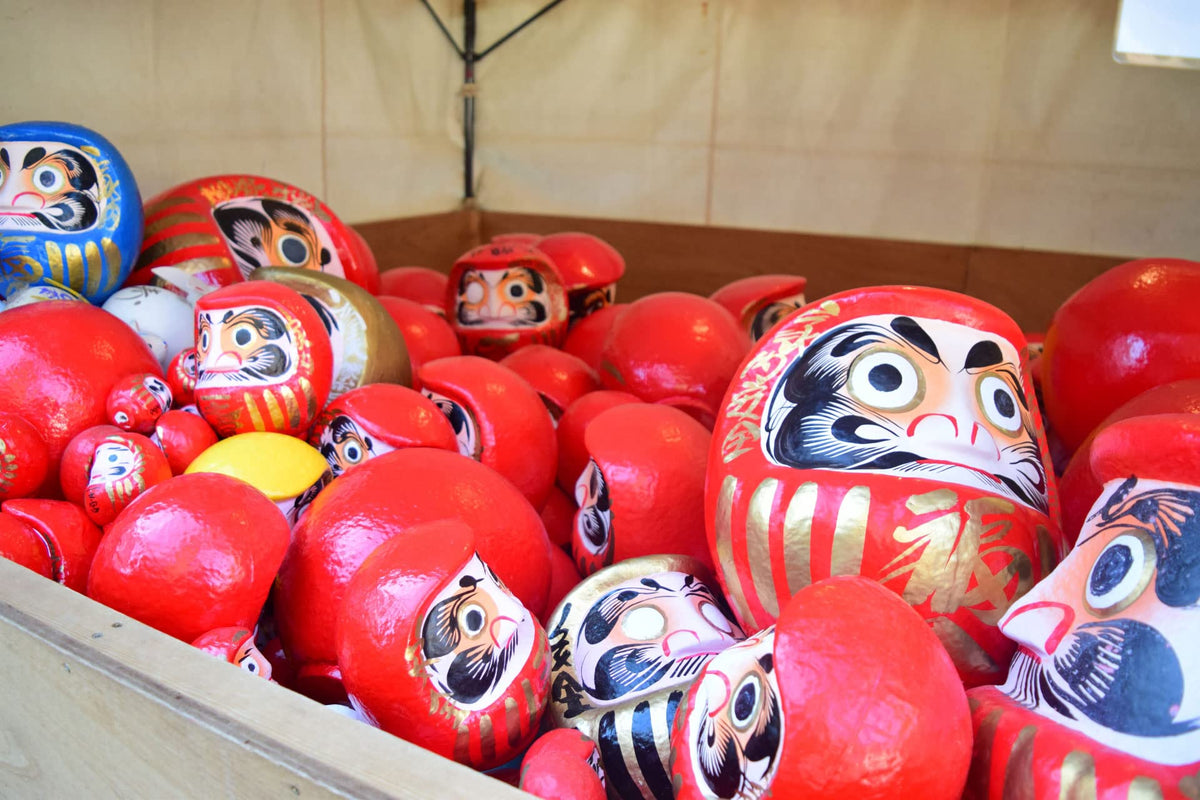 Takasaki Daruma red doll, gift-ready presentation for celebrations.