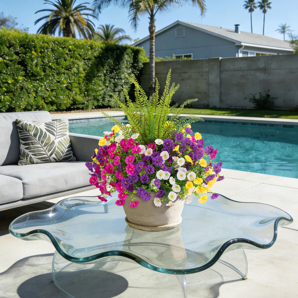 TakeArt sunlit outdoor arrangement demonstrates UV-resistant blooms for durable outdoor appeal.
