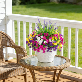 TakeArt faux morning glory and lavender setup for year-round beauty.