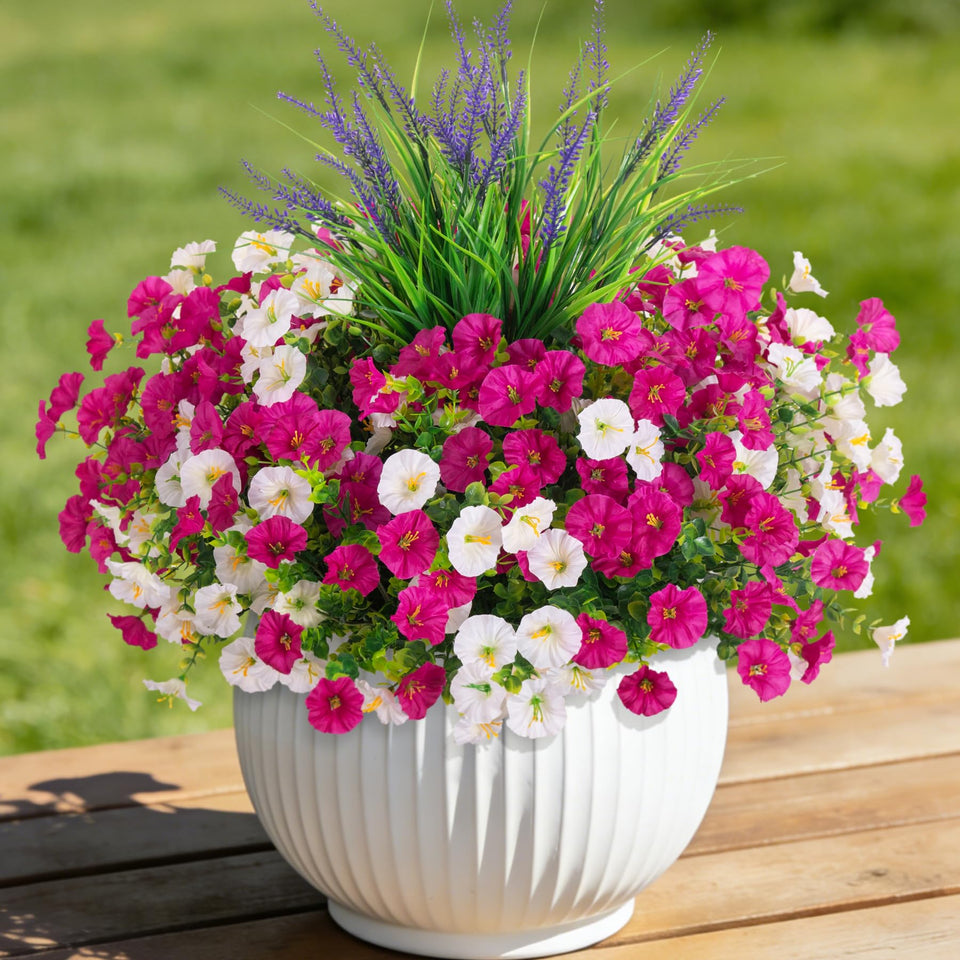 TakeArt artificial outdoor morning glory flowers in 12-bundle display for year-round color.