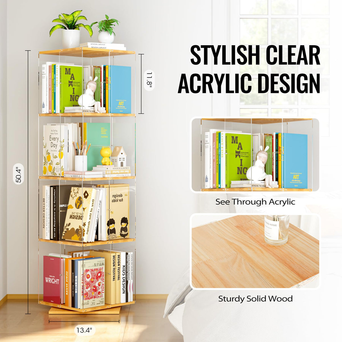TakeKit four-tier spinning bookcase provides ample storage for children's books and decor.