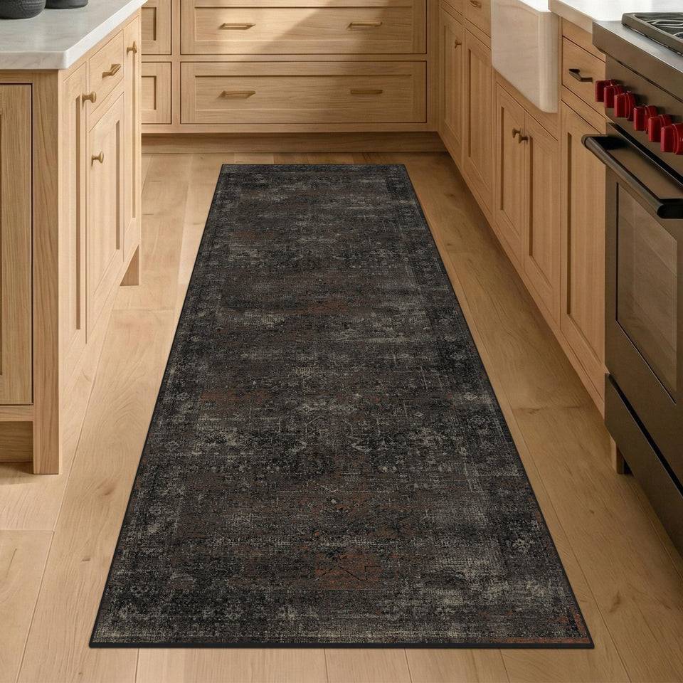 TALANOVA Black Kitchen Runner 2x6 front view shows stain-resistant fabric and secure non-slip backing.