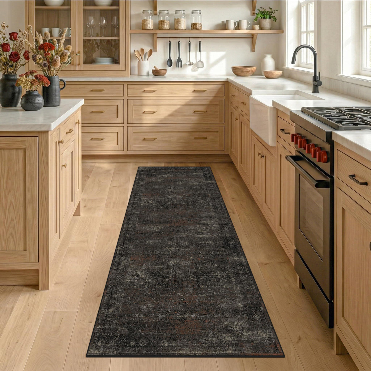 TALANOVA Black Kitchen Runner 2x6 packaging and unrolled look.
