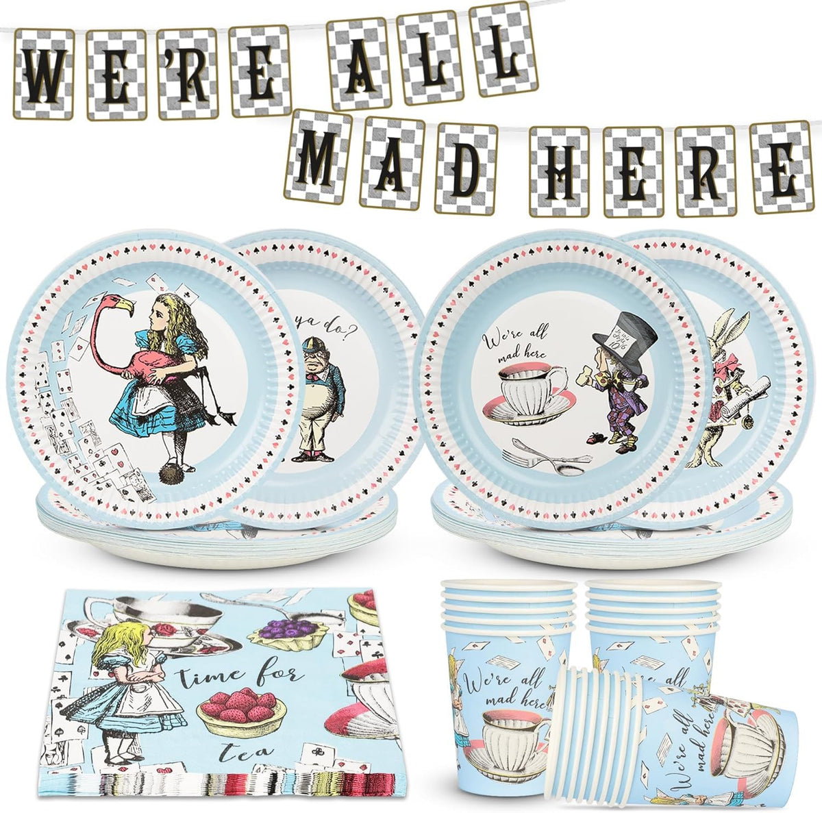 Talking Tables Alice in Wonderland bunting banner adds whimsical charm to a Mad Hatter tea party