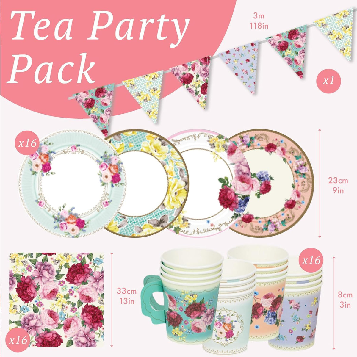 Talking Tables teacups in coordinating floral pattern for easy hosting.