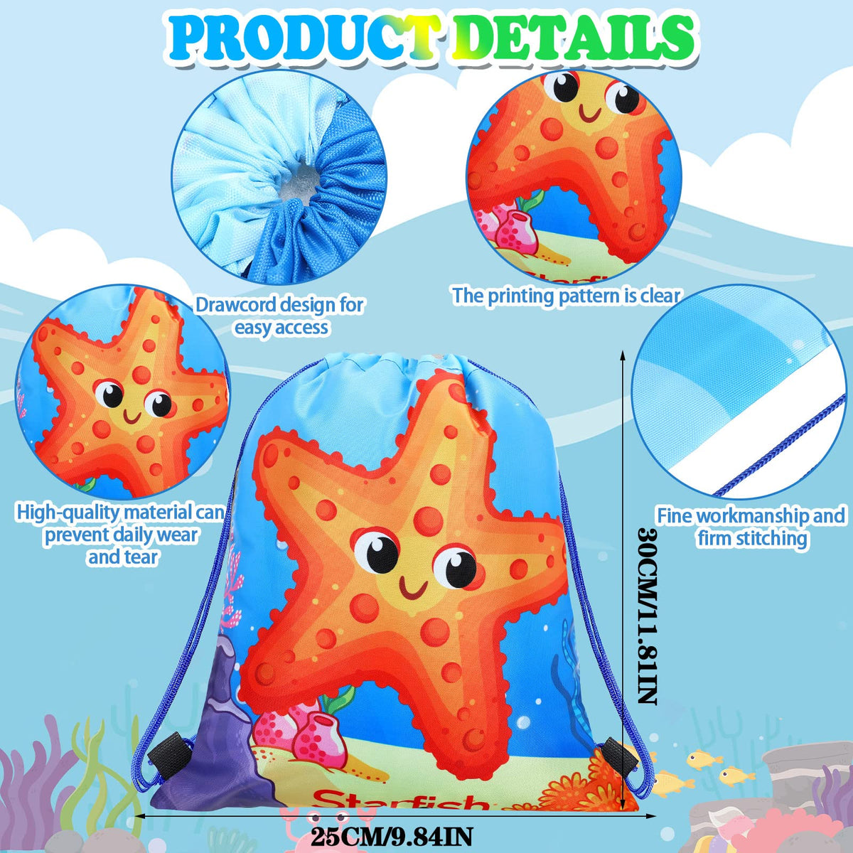 Talltalk ocean animal drawstring backpack, colorful bag for school and sports.