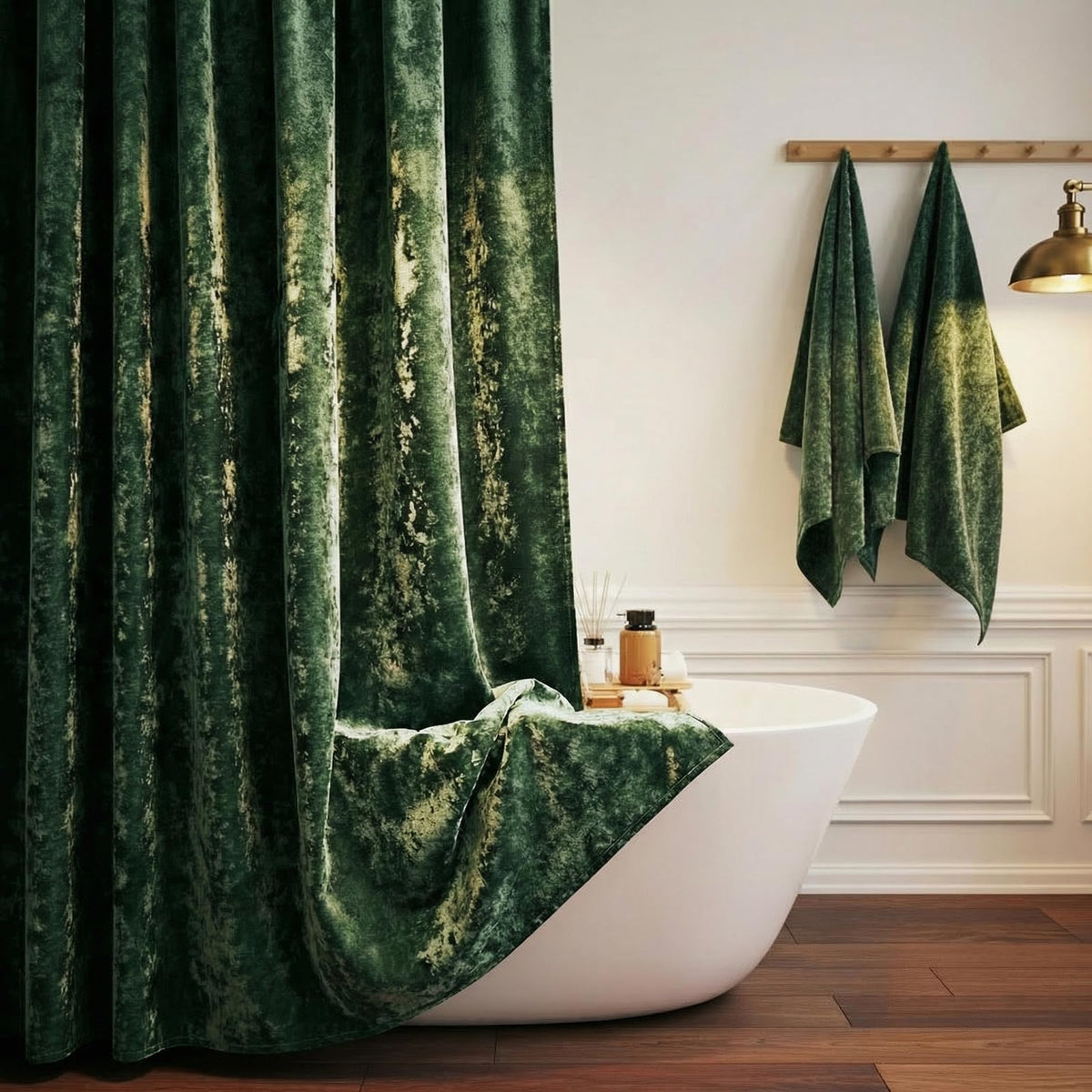 TAMGHO crushed velvet shower curtain in dark green for a luxurious bathroom upgrade.